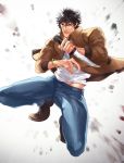  1boy action beard black_hair bracelet brown_jacket denim facial_hair jacket jeans jewelry knife male_focus matsu_(bandan) midriff pants reverse_grip ryuu_ga_gotoku_5 shinada_tatsuo solo 