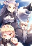  3girls absurdres anteater_ears blonde_hair blush bow breasts brown_eyes eyebrows_visible_through_hair giant_anteater_(kemono_friends) grey_hair hair_bow highres kanzakietc kemono_friends large_breasts long_hair looking_at_viewer multiple_girls one_eye_closed open_mouth short_hair silky_anteater_(kemono_friends) smile southern_tamandua_(kemono_friends) teardrop white_bow white_hair 
