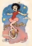  1girl black_hair character_name cuphead_(game) full_body hilda_berg humanization oimo_(14sainobba) outstretched_arms short_hair simple_background star star_(sky) sunset tan_background unicycle 