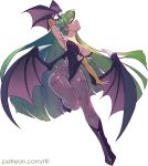  1girl animal_print armpits backlighting bare_shoulders bat_print bat_wings boots breasts bridal_gauntlets demon_girl full_body gloves green_hair head_wings heart_cutout highleg highleg_leotard knee_boots large_breasts leg_lift leotard long_hair low_wings morrigan_aensland orange_gloves pantyhose patreon_username print_legwear purple_legwear rtil solo succubus thigh_gap vampire_(game) very_long_hair white_background wings 