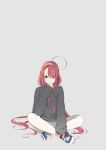  1girl 2910335 alternate_costume blue_eyes blush casual full_body grey_background highres kantai_collection kawakaze_(kantai_collection) myuto_(advent_retribution) redhead simple_background sitting solo 