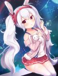 1girl 2drr :&lt; animal_ears azur_lane bangs bare_shoulders blush collarbone eyebrows_visible_through_hair eyes_visible_through_hair hair_between_eyes hair_ornament hair_scrunchie hairband hand_up highres holding holding_stuffed_animal jacket laffey_(azur_lane) light_particles long_hair long_sleeves looking_at_viewer microskirt off_shoulder pentagram pink_jacket pleated_skirt pocket rabbit_ears red_eyes red_hairband red_scrunchie red_skirt scrunchie shiny shiny_hair silver_hair sitting skirt solo stuffed_animal stuffed_bunny stuffed_toy tank_top thigh-highs triangle_mouth twintails very_long_hair white_legwear white_tank_top 