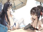  2girls bangs beach bikini black_bikini black_hair black_legwear blush breasts brown_eyes closed_mouth collarbone cooler day eyebrows_visible_through_hair fingerless_gloves girls_frontline gloves hair_bun hairband hand_up highres long_hair looking_at_viewer medium_breasts multiple_girls open_mouth outdoors qbz-95_(girls_frontline) qbz-97_(girls_frontline) side-tie_bikini sideboob sitting smile swimsuit thigh-highs umbrella white_bikini white_gloves white_legwear xie_yizhen 