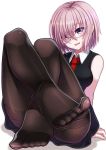  1girl black_dress black_legwear commentary_request dress fate/grand_order fate_(series) feet glasses hair_over_one_eye looking_at_viewer mizunashi_hayate necktie no_shoes open_mouth pantyhose pov_feet purple_hair shielder_(fate/grand_order) short_hair simple_background solo thighband_pantyhose toes violet_eyes white_background 