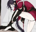  1boy barefoot dressing fundoshi izumi-no-kami_kanesada japanese_clothes jewelry looking_at_viewer male_focus pale_skin ponytail ring solo tasuki thighs touken_ranbu 