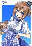  1girl :d apron azur_lane blue_eyes bread brown_hair carrying commentary_request folded_ponytail food grin long_hair looking_at_viewer open_mouth picnic_basket repulse_(zhan_jian_shao_nyu) smile solo takana_shinno translated 