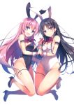  2girls absurdres animal_ears bangs bare_shoulders black_hair black_leotard blue_eyes bow bowtie braid breasts bunny_tail bunnysuit cleavage covered_navel detached_collar eyebrows_visible_through_hair full_body hand_holding high_heels highres horikita_suzune huge_filesize ichinose_honami_(youjitsu) leotard looking_at_viewer medium_breasts multiple_girls official_art open_mouth pink_hair rabbit_ears simple_background smile strapless strapless_leotard tail thigh_strap tomose_shunsaku violet_eyes white_background white_leotard wrist_cuffs youkoso_jitsuryoku_shijou_shugi_no_kyoushitsu_e 