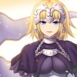  1girl :d blonde_hair blue_eyes capelet commentary_request fate/apocrypha fate_(series) flag headpiece highres long_hair looking_at_viewer open_mouth petals ruler_(fate/apocrypha) smile solo yuki7128 