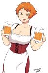  1girl alcohol apron beer beer_mug breasts cleavage collarbone corset dirndl german_clothes large_breasts looking_at_viewer open_mouth orange_eyes orange_hair original short_hair short_sleeves smile solo tsukudani_(coke-buta) tsurime tsurime-chan waist_apron waitress 