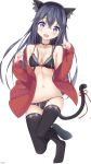  1girl akatsuki_(kantai_collection) animal_ears black_bra black_hair black_hairband black_legwear black_panties blue_eyes blush bra breasts cardigan cat_ears cat_tail cleavage collarbone eyebrows_visible_through_hair fake_animal_ears floating_hair hair_between_eyes hairband head_tilt highres kantai_collection kanz long_hair looking_at_viewer midriff navel open_cardigan open_clothes open_mouth panties red_ribbon red_sweater ribbon sideboob simple_background small_breasts solo standing stomach tail tail_ribbon thigh-highs underwear very_long_hair white_background 