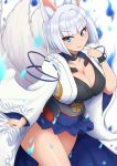  1girl animal_ears azur_lane blue_eyes blue_skirt blush breasts cleavage closed_mouth collarbone eyebrows_visible_through_hair fox_ears fox_tail highres kaga_(azur_lane) large_breasts looking_at_viewer ponpo short_hair silver_hair skirt smile solo tail 