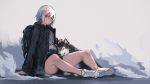  1girl arm_support backpack bag bangs bare_legs closed_mouth coat dog earrings hair_between_eyes highres jewelry looking_at_viewer necklace original red_eyes shiroi_suzume shoes short_hair short_shorts shorts sitting solo white_hair 