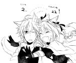  2boys :d ahoge animal_ears bangs black_ribbon braid cape cat_ears cat_tail cloak closed_eyes eyebrows_visible_through_hair fang fate/apocrypha fate/grand_order fate_(series) gauntlets greyscale hair_ornament hair_ribbon long_braid long_hair male_focus monochrome multiple_boys one_eye_closed open_mouth ribbon rider_of_black shirt short_hair sieg_(fate/apocrypha) single_braid smile tail takasaki_(rock_rock) waistcoat white_background yaoi 