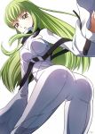  1girl ass bangs blush bodysuit breasts c.c. code_geass commentary green_hair high_collar highres long_hair long_sleeves looking_at_viewer looking_back medium_breasts parted_lips sakurayume_kome signature simple_background sleeves_past_wrists smile solo standing white_background white_bodysuit wide_sleeves yellow_eyes 