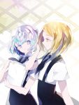  adjusting_hair androgynous blonde_hair captain_yue colored_eyelashes diamond_(houseki_no_kuni) dress eyebrows_visible_through_hair hair_between_eyes highres houseki_no_kuni looking_at_another multicolored multicolored_eyes multicolored_hair necktie paper shiny shiny_hair short_eyebrows smile yellow_diamond_(houseki_no_kuni) yellow_eyes 