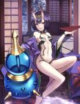 1girl :d bangs bare_legs bare_shoulders barefoot bob_cut breasts collarbone cup eyebrows_visible_through_hair eyeshadow fangs fate/grand_order fate_(series) gem gourd headpiece highres holding horns japanese_clothes kimono knee_up looking_at_viewer makeup navel oni oni_horns open_clothes open_kimono open_mouth outdoors pale_skin print_kimono purple_hair purple_kimono revealing_clothes sakazuki shadow shiguru shiny shiny_hair short_eyebrows short_hair shouji shuten_douji_(fate/grand_order) sitting sliding_doors small_breasts smile snow solo spikes stomach sunlight tatami tree violet_eyes wide_sleeves 