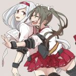  2girls grey_hair hair_ribbon hairband hakama_skirt headband japanese_clothes kantai_collection long_hair multiple_girls muneate papers red_skirt ree_(re-19) ribbon shoukaku_(kantai_collection) skirt tasuki twintails white_hair white_ribbon zuikaku_(kantai_collection) 