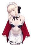  1girl amase_(yagami666) artoria_pendragon_(all) bangs bikini blonde_hair braid breasts closed_mouth fate/grand_order fate_(series) french_braid highres holding_jacket jacket maid maid_headdress navel ribbon saber_alter smirk solo swimsuit yellow_eyes 