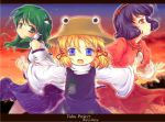  frog frog_hair_ornament from_side gradient_eyes hair_ornament iris_anemone kochiya_sanae looking_at_viewer moriya_suwako mountain_of_faith multicolored multicolored_eyes open_mouth outstretched_arms pyonta scowl sky sunset touhou yasaka_kanako 