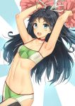  1girl :d armpits bangs bare_arms bare_shoulders black_hair blue_eyes blush breasts cheerleader cowboy_shot eyebrows_visible_through_hair hair_ribbon halterneck high_ponytail highres holding kantai_collection katsuragi_(kantai_collection) long_hair looking_at_viewer navel open_mouth parted_bangs parted_lips pom_poms revision ribbon round_teeth small_breasts smile soil_chopsticks solo sports_bra standing stomach tareme teeth two-tone_background very_long_hair white_ribbon 