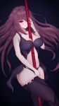  1girl adapted_costume babydoll between_breasts blush breasts fate/grand_order fate_(series) gae_bolg gbsn highres large_breasts long_hair looking_at_viewer parted_lips polearm purple_hair red_eyes revision scathach_(fate/grand_order) solo spear thigh-highs weapon 