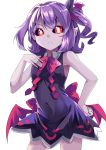  1girl :&lt; bare_arms black_sclera closed_mouth commentary_request contrapposto cowboy_shot demon_girl dress e.o. hair_ribbon hand_on_hip highres looking_at_viewer musume one_side_up pointy_ears purple_dress purple_hair purple_skin red_eyes red_neckwear ribbon simple_background sleeveless sleeveless_dress solo v_yuusha_no_kuse_ni_namaiki_da_r white_background wing_collar yuusha_no_kuse_ni_namaiki_da 