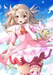  1girl :d absurdres ascot blonde_hair blue_sky cape chall_(eva2ooo1) clouds commentary_request cowboy_shot cross dress elbow_gloves eyebrows_visible_through_hair fate/kaleid_liner_prisma_illya fate_(series) floating gloves hair_ornament highres illyasviel_von_einzbern layered_dress long_hair looking_at_viewer magical_girl magical_ruby open_mouth pink_dress pink_gloves prisma_illya sky sleeveless sleeveless_dress smile solo thigh_strap two_side_up white_gloves 