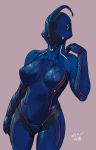  1girl bodysuit breasts cowboy_shot dated helmet medium_breasts nyx_(warframe) pink_background signature simple_background skin_tight solo standing thighs tsukudani_(coke-buta) warframe 