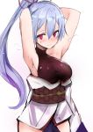  1girl armpits arms_behind_head arms_up blush breasts fate/grand_order fate_(series) highres long_hair looking_at_viewer medium_breasts muoto ponytail silver_hair simple_background smile solo sweat tomoe_gozen_(fate/grand_order) violet_eyes white_background 