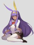  1girl animal_ears bangs bow bowtie dark_skin eyebrows_visible_through_hair facial_mark fate/grand_order fate_(series) full_body grey_background hairband hip_vent loafers long_hair nitocris_(fate/grand_order) panties pleated_skirt purple_hair school_uniform seinen serafuku shoes side-tie_panties sidelocks simple_background sitting skirt sleeves_rolled_up solo thigh-highs underwear very_long_hair violet_eyes white_legwear wristband zettai_ryouiki 