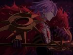  armor blue_eyes fate/apocrypha fate_(series) fur_trim highres holding holding_weapon jewelry karna_(fate) male_focus mukade_(siieregannsu) necklace pale_skin purple_hair solo weapon 