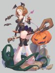  1girl :p absurdres ass bare_shoulders bat bat_wings blush boku_no_hero_academia boots breasts brown_eyes brown_hair demon_tail elbow_gloves fingerless_gloves frilled_skirt frills from_behind gloves hairband halloween highres looking_at_viewer looking_back medium_breasts nishimachi_snow panties pumpkin short_hair sideboob skirt solo spikes staff striped striped_panties tail thigh-highs thigh_boots tongue tongue_out underwear uraraka_ochako wings 