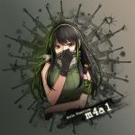  1girl 2692hd adjusting_scarf armband assault_rifle black_hair breasts character_name copyright_name girls_frontline gloves green_eyes gun headphones long_hair looking_at_viewer m4a1_(girls_frontline) multicolored_hair radio ribbed_sweater rifle scarf shemagh sidelocks sleeveless solo streaked_hair sweater weapon 