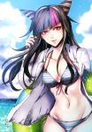  1girl bikini black_hair black_nails blue_bikini breasts cardigan cleavage collarbone cowboy_shot dangan_ronpa floating_hair front-tie_top groin innertube long_hair looking_at_viewer medium_breasts mioda_ibuki multicolored_hair nail_polish navel open_cardigan open_clothes outdoors parted_lips pink_eyes shiny shiny_skin smile solo striped striped_bikini super_dangan_ronpa_2 sweater swimsuit white_sweater z-epto_(chat-noir86) 