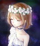  1girl absurdres brown_hair choker closed_eyes dress facing_away gloves head_wreath highres koizumi_hanayo love_live! love_live!_school_idol_project rokku short_hair sky solo star_(sky) starry_sky white_dress white_gloves yume_no_tobira 