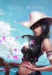  1girl 6.3.2.4. armlet artist_name bangs bare_shoulders black_hair blue_sky breasts character_name clouds cowboy_hat dated day floating_hair green_eyes hair_over_shoulder hat heart jolly_roger lace_trim lips long_hair looking_at_viewer midriff navel nico_robin ocean one_piece outdoors parted_lips petals pirate_ship railing sail ship sky solo standing stomach upper_body vest watercraft wind 