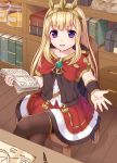  1girl black_legwear book cagliostro_(granblue_fantasy) commentary_request granblue_fantasy holding legs_crossed light_brown_hair long_hair looking_at_viewer pantyhose sitting smile solo tiara tsukino_neru violet_eyes wooden_floor 