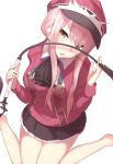 1girl bangs bare_legs black_skirt blush brown_eyes eyebrows_visible_through_hair fate/grand_order fate_(series) from_above hands_up hat highres holding ichijou_(kr_neru0) jacket looking_at_viewer medb_(fate/grand_order) miniskirt open_mouth peaked_cap pink_hair short_hair_with_long_locks sidelocks simple_background sitting skirt solo tsurime uniform wariza whip white_background 