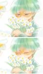  1boy bouquet bowl_cut closed_eyes facing_viewer flower green_eyes green_hair insector_haga male_focus solo upper_body yellow-framed_eyewear yu-gi-oh! 