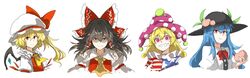  4girls ascot black_hair black_hat blonde_hair blue_hair bow clownpiece crazy_smile detached_sleeves eating flandre_scarlet food fruit grin hair_tubes hakurei_reimu hat hat_bow highres hinanawi_tenshi holding holding_fruit jester_cap kan_(aaaaari35) long_hair mob_cap multiple_girls neck_ruff peach pink_eyes polka_dot purple_hat red_bow red_eyes side_ponytail sidelocks simple_background smile star star_print striped touhou upper_body vest white_background white_hat wings 