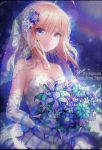  1girl ahoge artoria_pendragon_(all) bare_shoulders blonde_hair blue_eyes blush bouquet breasts bridal_veil bride dress elbow_gloves fate/stay_night fate_(series) flower gloves hisahisahisahisa medium_breasts revision ribbon saber solo veil wedding_dress white_gloves 
