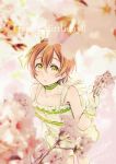  1girl artist_name blurry cherry_blossoms choker commentary_request dated depth_of_field dress gloves green_eyes green_neckwear hair_between_eyes happy_birthday highres hoshizora_rin love_live! love_live!_school_idol_project orange_hair short_hair signature solo suito white_dress white_gloves 
