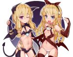  2girls :d ;) azur_lane bat_wings belt_buckle black_gloves black_hairband black_wings blonde_hair blue_eyes breasts brown_belt buckle character_request cowboy_shot demon_tail elbow_gloves gloves hair_ornament hair_ribbon hairband halloween head_wings highres jack-o&#039;-lantern jack-o&#039;-lantern_hair_ornament leather long_hair multiple_girls navel nib_pen_(medium) one_eye_closed open_mouth panties partly_fingerless_gloves pointy_ears red_gloves red_ribbon ribbon ringlets skull_hair_ornament small_breasts smile standing stmaster tail traditional_media underwear violet_eyes white_panties wings 