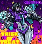  1girl bat bat_wings breasts cannon character_name cleavage decepticon gradient gradient_background halloween happy_halloween lips looking_at_viewer machinery medium_breasts night no_humans purple_background red_eyes slipstream smile solo tack_(dnet) transformers trick_or_treat weapon wings 