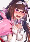  1girl black_hair blush brown_hair cloak detached_sleeves fate/grand_order fate_(series) glasses hairband highres hood long_hair looking_at_viewer osakabe-hime_(fate/grand_order) ryokucha_(i_cobalt) upper_body violet_eyes 