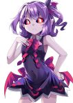  1girl :&lt; bare_arms black_sclera closed_mouth commentary_request contrapposto cowboy_shot demon_girl dress e.o. hair_ribbon hand_on_hip highres looking_at_viewer musume one_side_up pointy_ears purple_dress purple_hair purple_skin red_eyes red_neckwear revision ribbon simple_background sleeveless sleeveless_dress solo v_yuusha_no_kuse_ni_namaiki_da_r white_background wing_collar yuusha_no_kuse_ni_namaiki_da 