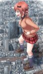  1girl :d bat_hair_ornament black_legwear building cardigan city crushing destruction fang gabriel_dropout giantess hair_ornament hair_rings hands_on_hips highres image_sample open_mouth plaid pleated_skirt redhead school_uniform shoes size_difference skirt sky skyscraper smile socks solo terada_ochiko twitter_sample violet_eyes 