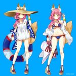  1girl animal_ears bikini blue_background blue_bikini blush breasts cleavage collarbone ears_through_headwear fate/extra fate/grand_order fate_(series) fox_ears fox_tail hat innertube izumi_minami large_breasts long_hair looking_at_viewer navel pink_hair ribbon shirt simple_background solo swimsuit t-shirt tail tamamo_(fate)_(all) tamamo_no_mae_(swimsuit_lancer)_(fate) yellow_eyes 