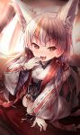  1girl all_fours animal_ears azur_lane bangs black_hakama blunt_bangs eyebrows eyebrows_visible_through_hair hakama hakama_skirt japanese_clothes kamikaze_(azur_lane) long_hair multicolored_hair red_eyes red_ribbon redhead ribbon ribbon-trimmed_sleeves ribbon_trim saliva short_eyebrows silver_hair solo sorairo_len two-tone_hair wolf_ears 