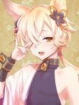  1boy :d animal_ears blonde_hair brown_eyes granblue_fantasy hair_ornament hand_up kou_(granblue_fantasy) lock looking_at_viewer male_focus open_mouth ponytail potato_(oriha94) smile solo upper_body 